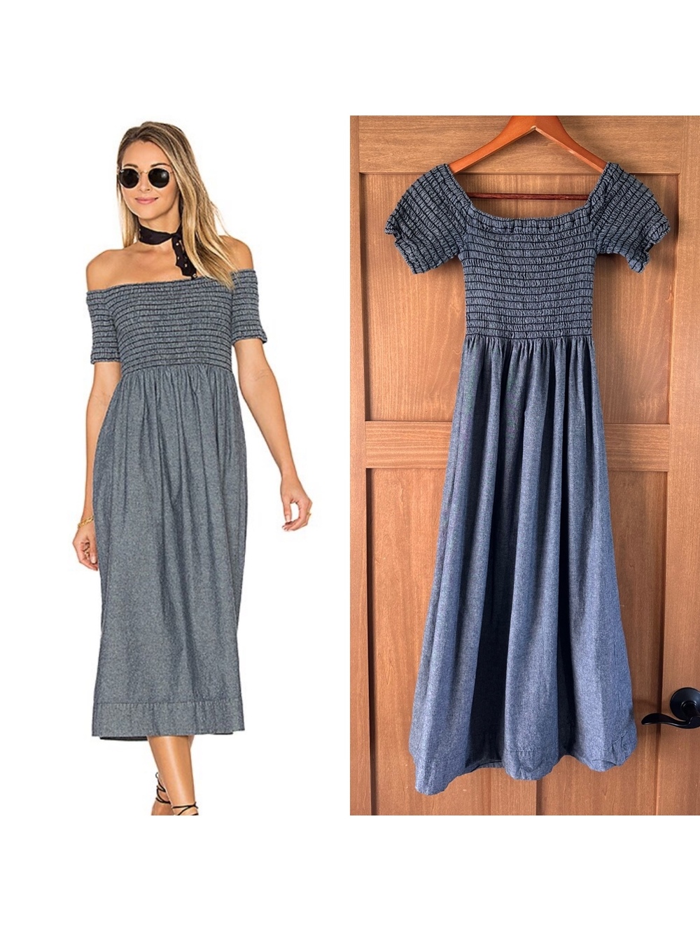 THE GREAT. The Carnival Midi Dress in Indigo Chambray Smocked Women’s sz 1 Small